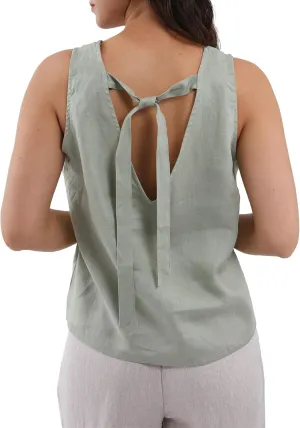 Amazhiyu Women's 100% Linen Tank Tops Summer V Neck Sleeveless Tie Back Blouses