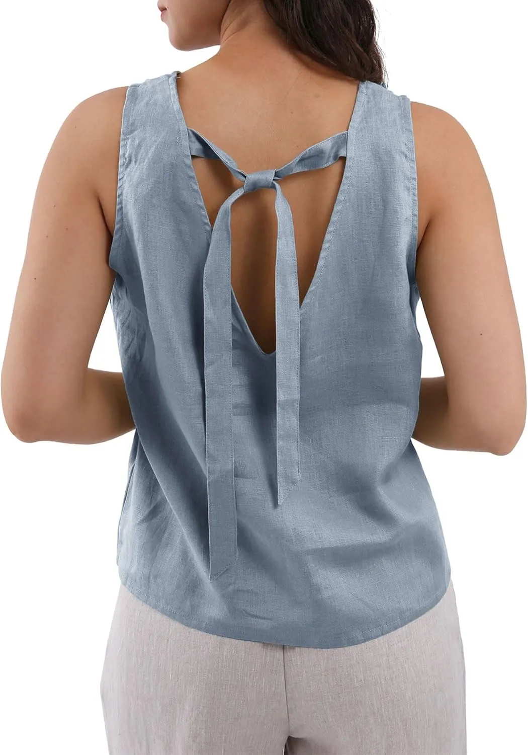 Amazhiyu Women's 100% Linen Tank Tops Summer V Neck Sleeveless Tie Back Blouses