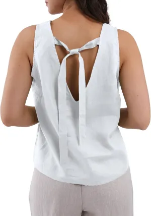 Amazhiyu Women's 100% Linen Tank Tops Summer V Neck Sleeveless Tie Back Blouses