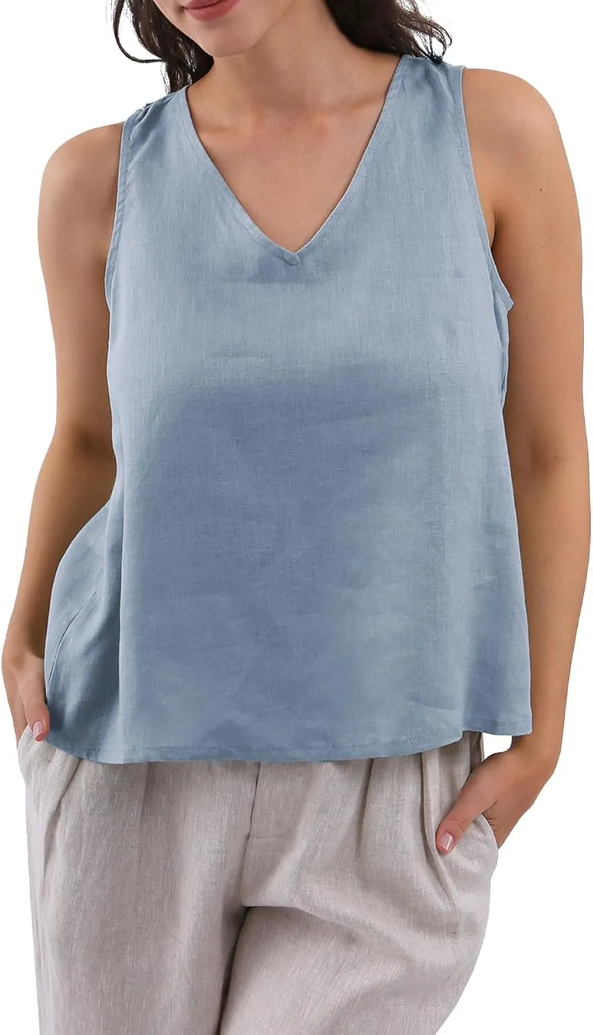 Amazhiyu Women's 100% Linen Tank Tops Summer V Neck Sleeveless Tie Back Blouses
