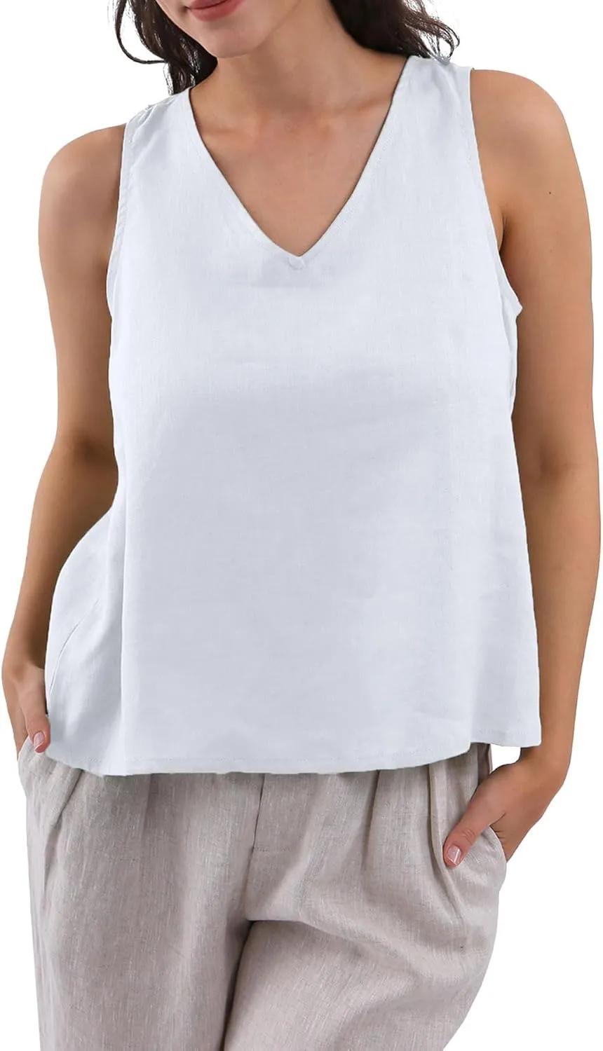 Amazhiyu Women's 100% Linen Tank Tops Summer V Neck Sleeveless Tie Back Blouses