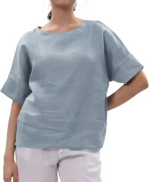 Amazhiyu Womens 100% Linen Tops Crewneck Short Sleeve Blouses Casual Summer