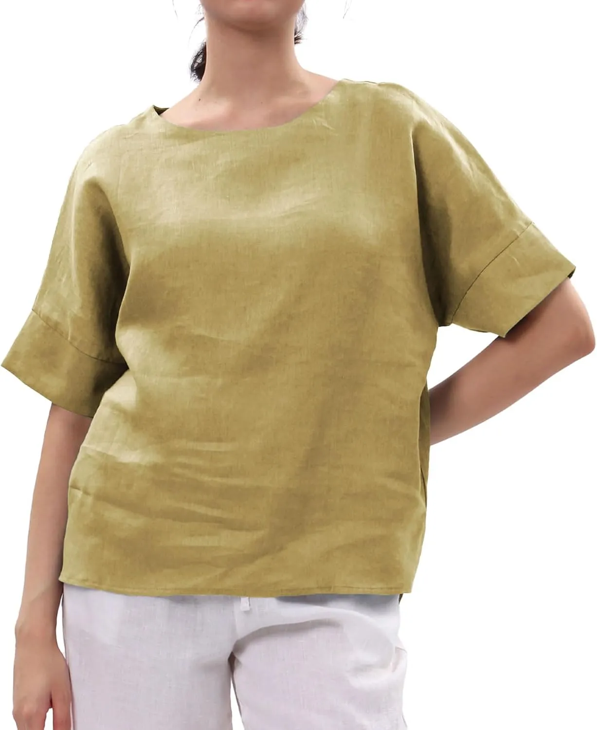 Amazhiyu Womens 100% Linen Tops Crewneck Short Sleeve Blouses Casual Summer