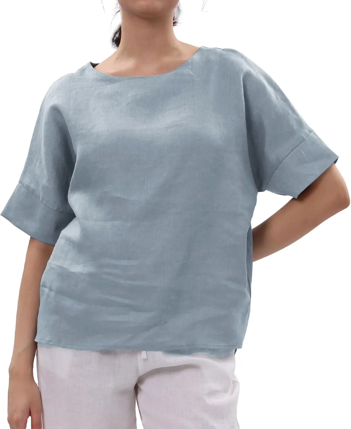Amazhiyu Womens 100% Linen Tops Crewneck Short Sleeve Blouses Casual Summer