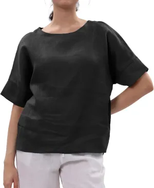 Amazhiyu Womens 100% Linen Tops Crewneck Short Sleeve Blouses Casual Summer