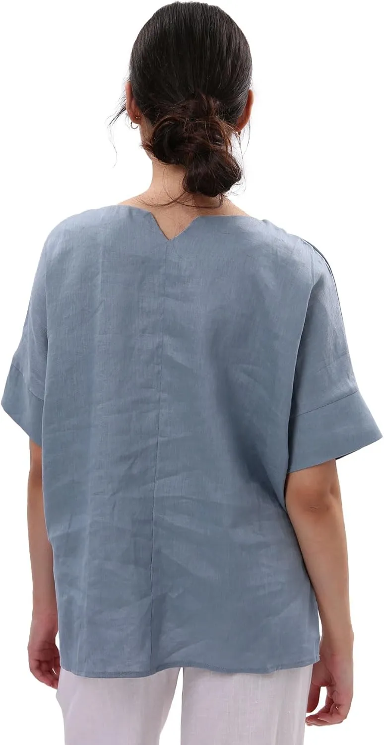 Amazhiyu Womens 100% Linen Tops Crewneck Short Sleeve Blouses Casual Summer