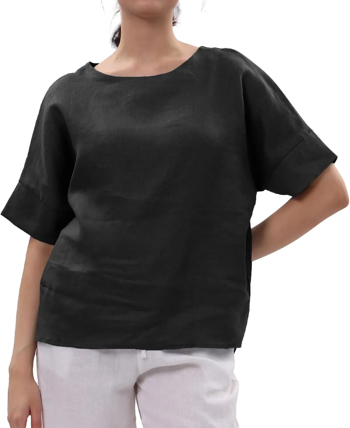 Amazhiyu Womens 100% Linen Tops Crewneck Short Sleeve Blouses Casual Summer