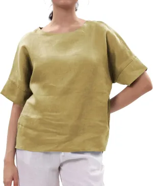 Amazhiyu Womens 100% Linen Tops Crewneck Short Sleeve Blouses Casual Summer