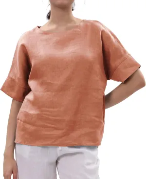 Amazhiyu Womens 100% Linen Tops Crewneck Short Sleeve Blouses Casual Summer