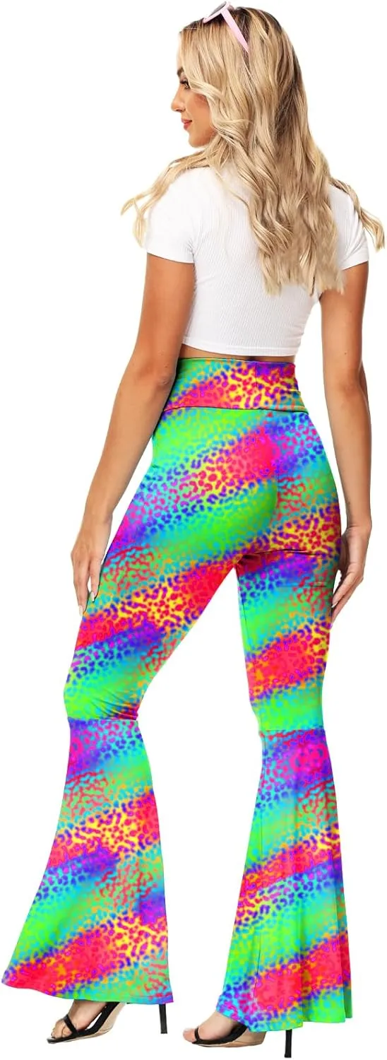 AOBUTE Womens Mardi Gras Bell Bottoms Purple Green Yellow High Waist Flare Pants