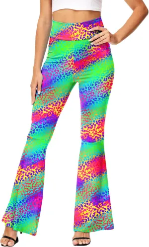 AOBUTE Womens Mardi Gras Bell Bottoms Purple Green Yellow High Waist Flare Pants