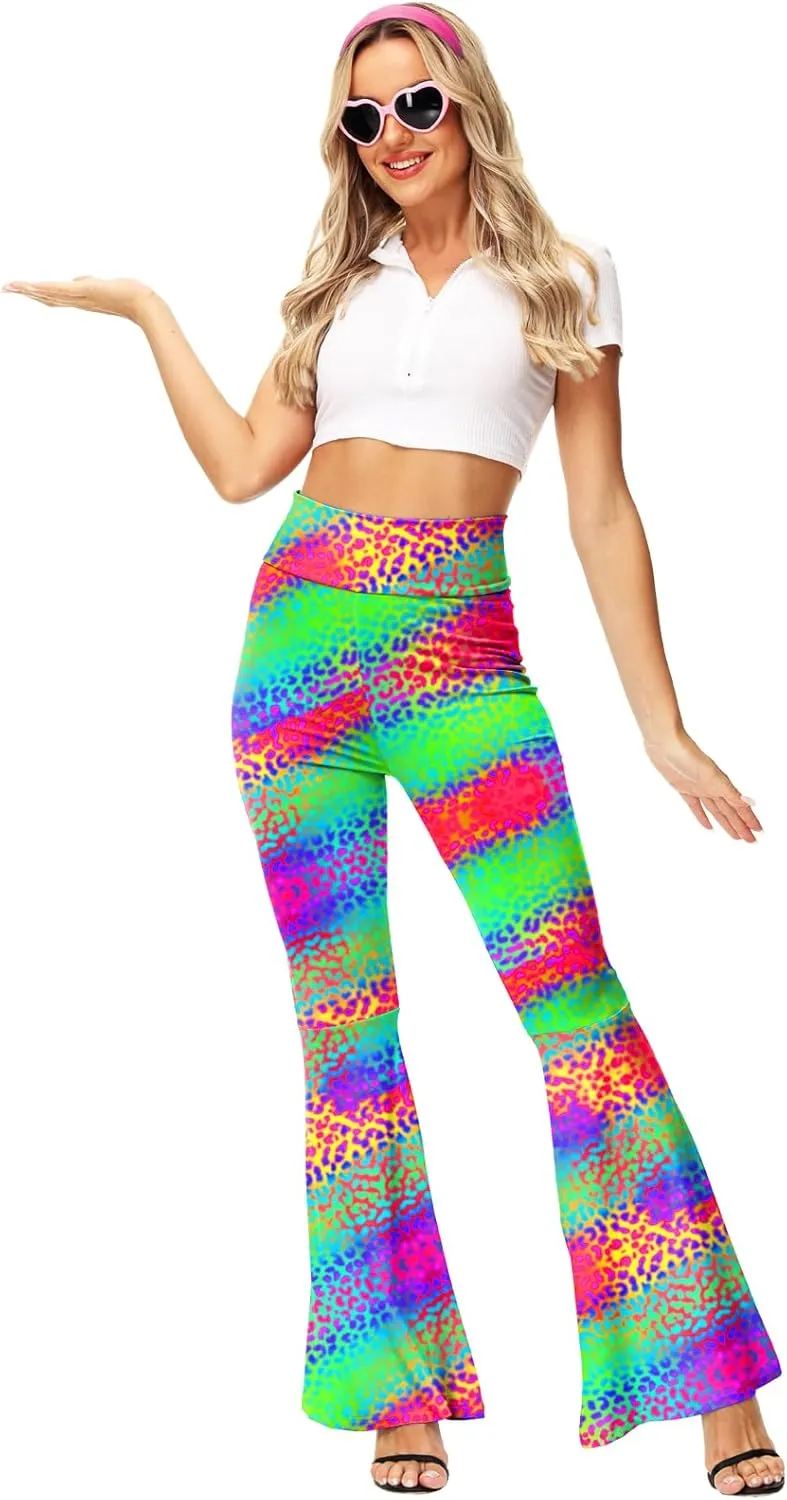 AOBUTE Womens Mardi Gras Bell Bottoms Purple Green Yellow High Waist Flare Pants