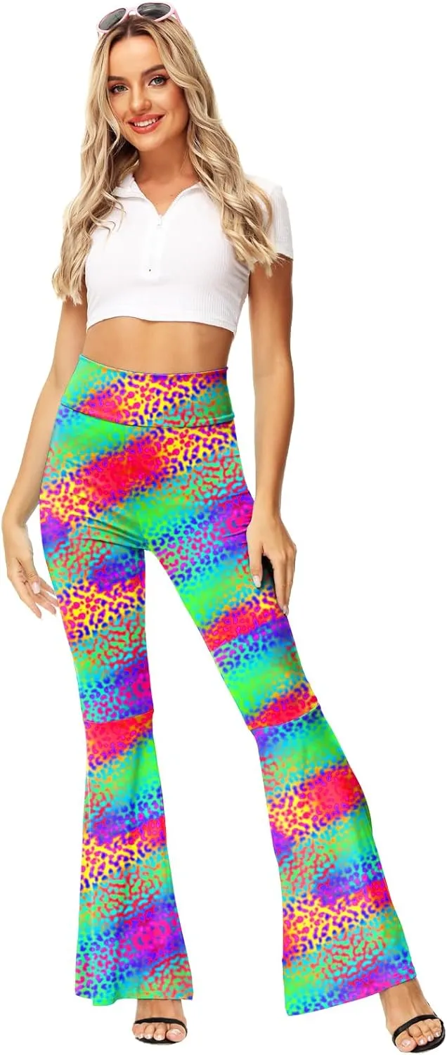 AOBUTE Womens Mardi Gras Bell Bottoms Purple Green Yellow High Waist Flare Pants