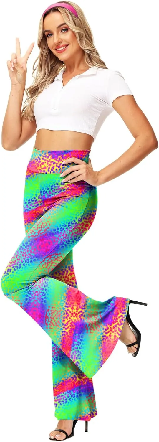 AOBUTE Womens Mardi Gras Bell Bottoms Purple Green Yellow High Waist Flare Pants