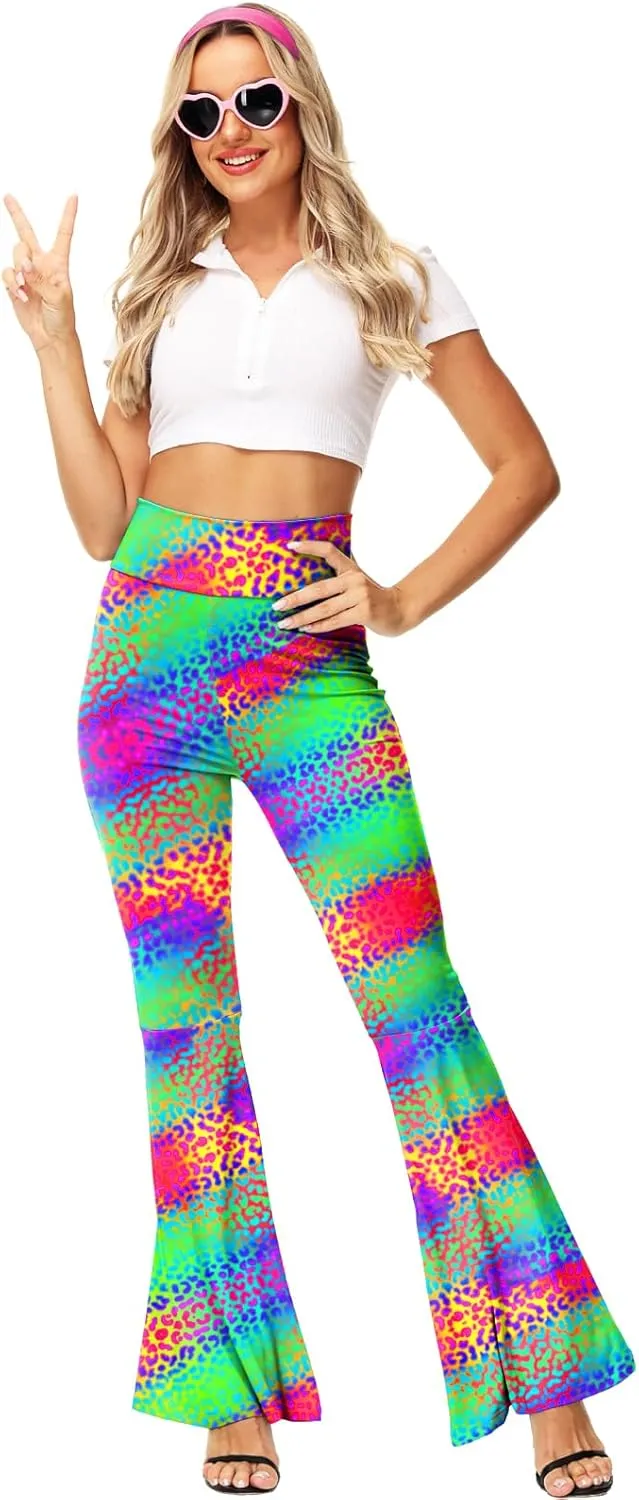 AOBUTE Womens Mardi Gras Bell Bottoms Purple Green Yellow High Waist Flare Pants