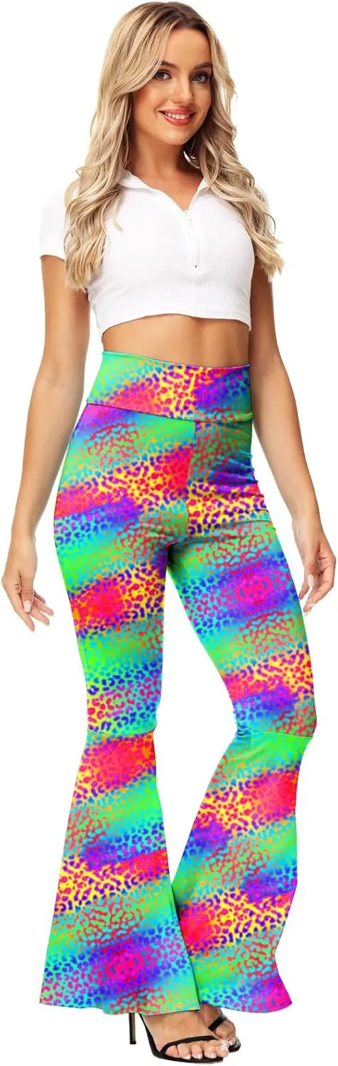 AOBUTE Womens Mardi Gras Bell Bottoms Purple Green Yellow High Waist Flare Pants