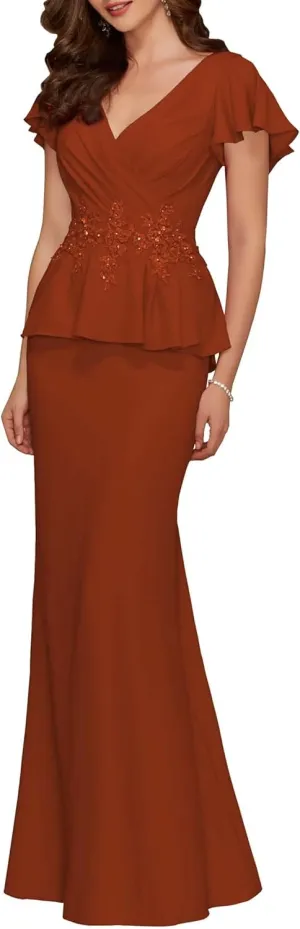 Appliques Mermaid Mother of The Bride Dresses Short Sleeve V Neck Chiffon Mother of The Groom Dresses for Wedding Guest