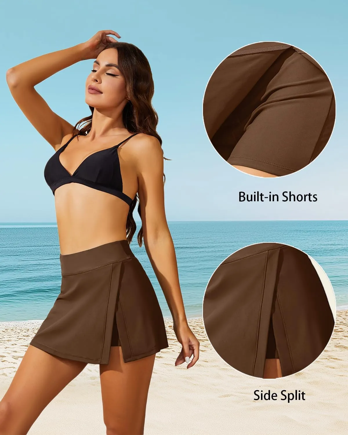 Aqua Eve Women Swim Skirt Tummy Control Swimsuit Skirt with Built-in Shorts High Waisted Split Swim Bottom