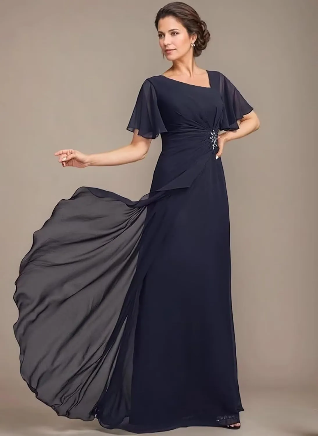 Asymmetrical Neck Mother of The Bride Dresses with Pockets Ruffles Sleeves Chiffon Formal Evening Gowns