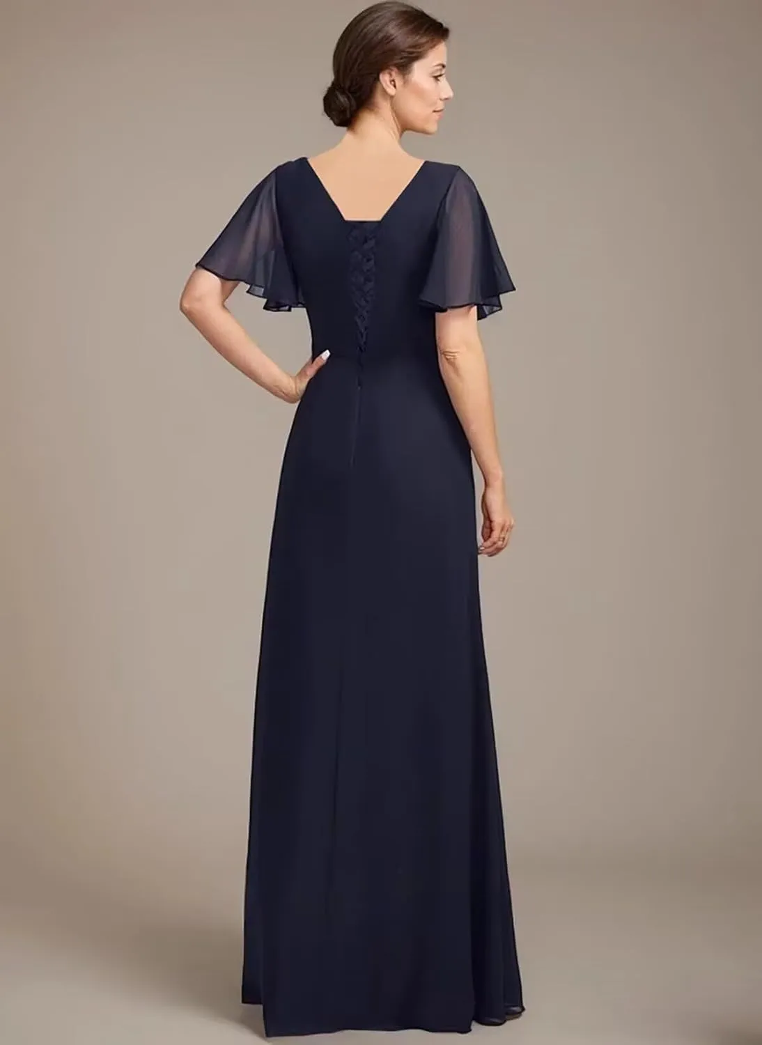 Asymmetrical Neck Mother of The Bride Dresses with Pockets Ruffles Sleeves Chiffon Formal Evening Gowns