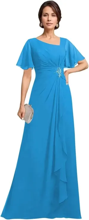 Asymmetrical Neck Mother of The Bride Dresses with Pockets Ruffles Sleeves Chiffon Formal Evening Gowns