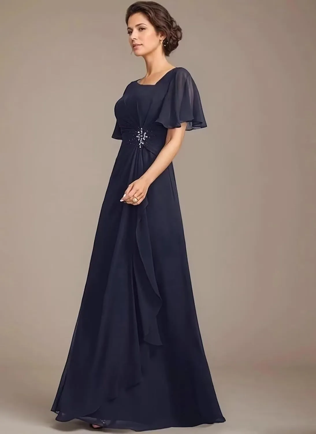 Asymmetrical Neck Mother of The Bride Dresses with Pockets Ruffles Sleeves Chiffon Formal Evening Gowns