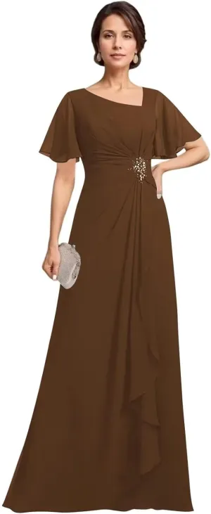 Asymmetrical Neck Mother of The Bride Dresses with Pockets Ruffles Sleeves Chiffon Formal Evening Gowns