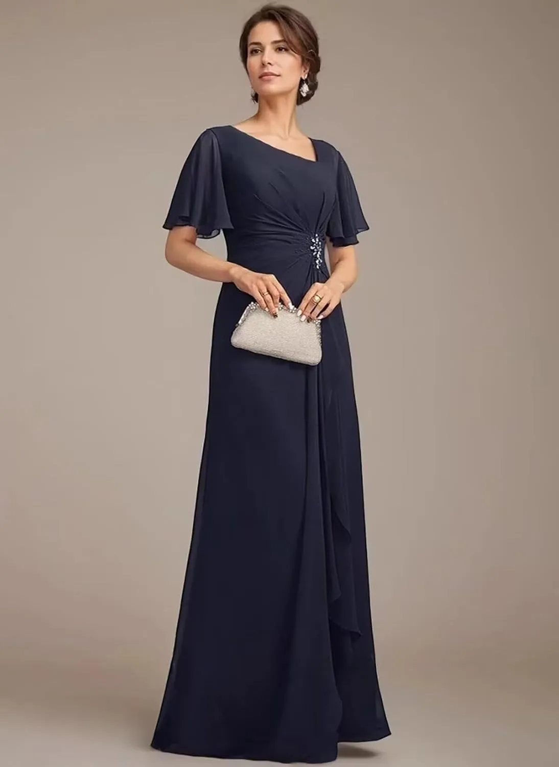 Asymmetrical Neck Mother of The Bride Dresses with Pockets Ruffles Sleeves Chiffon Formal Evening Gowns