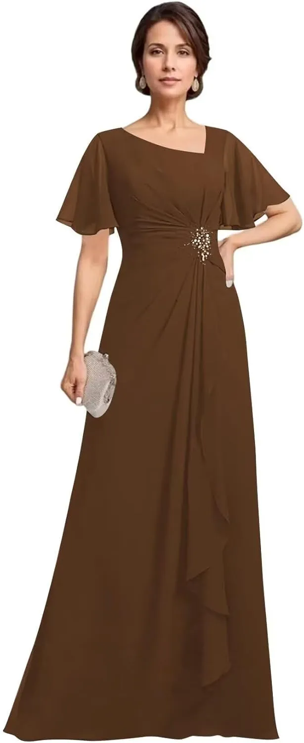 Asymmetrical Neck Mother of The Bride Dresses with Pockets Ruffles Sleeves Chiffon Formal Evening Gowns