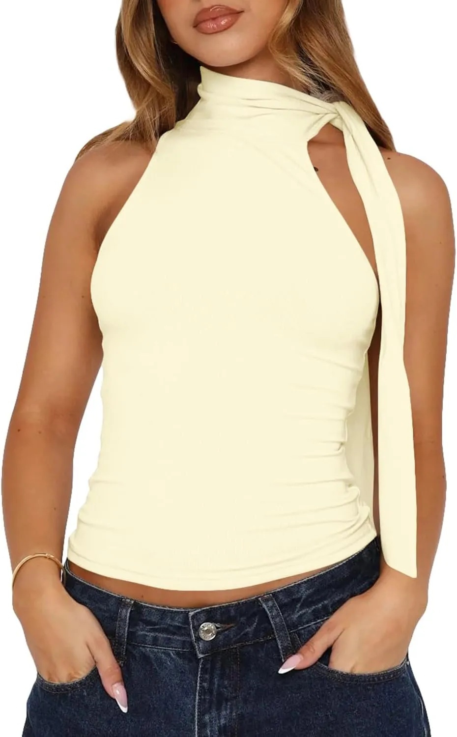 BAIGRAM Women Sexy Tie Up Halter High Neck Crop Tank Tops with Scarf Y2K Sleeveless Slim Fit Summer Going Out Shirts