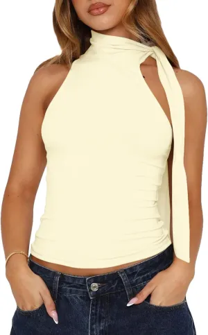 BAIGRAM Women Sexy Tie Up Halter High Neck Crop Tank Tops with Scarf Y2K Sleeveless Slim Fit Summer Going Out Shirts