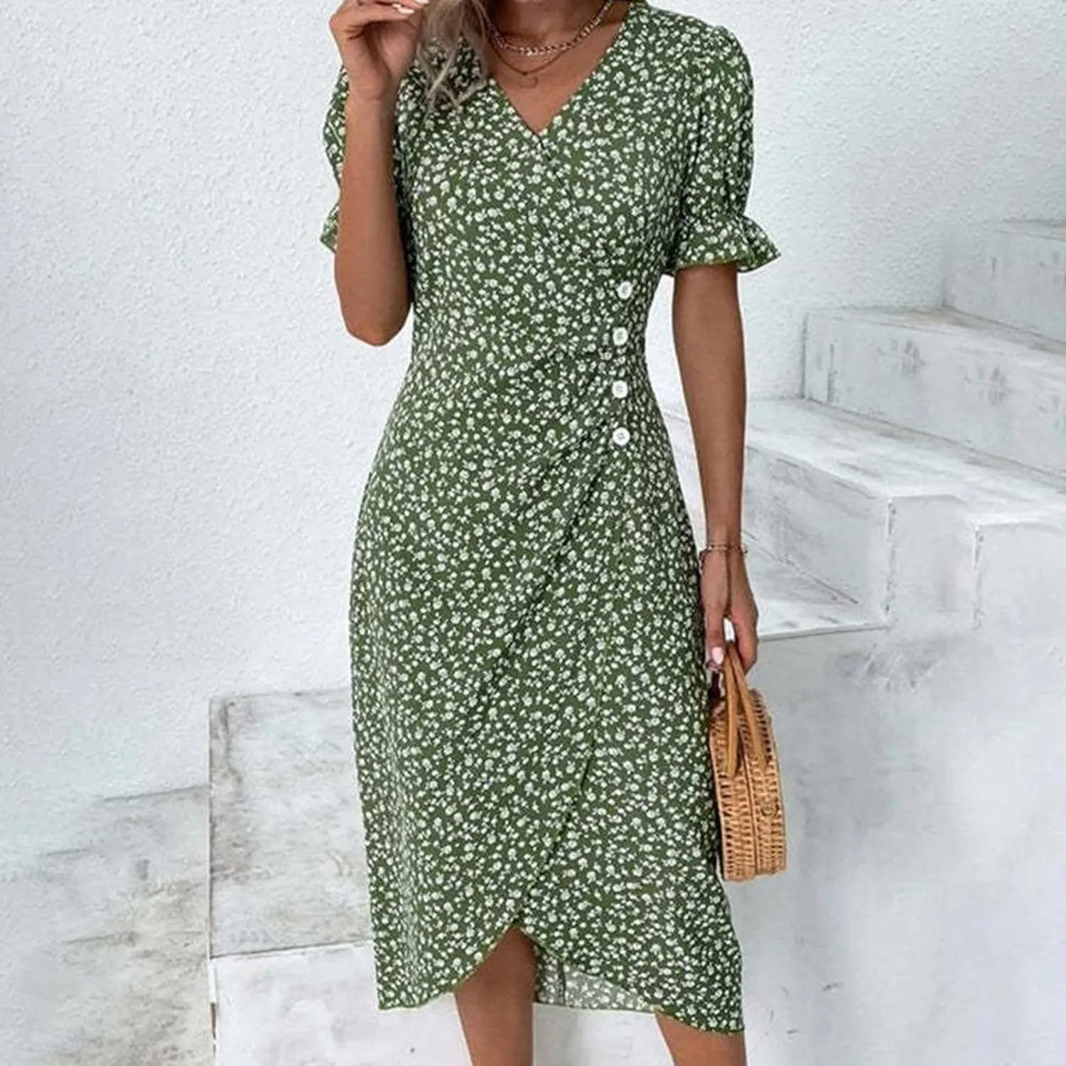 Beach Dresses for Women 2024 Vacation Trendy Elegant V Neck Floral Sundress High-Low Hem Flowy Midi Dress