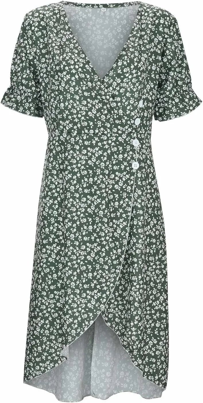 Beach Dresses for Women 2024 Vacation Trendy Elegant V Neck Floral Sundress High-Low Hem Flowy Midi Dress