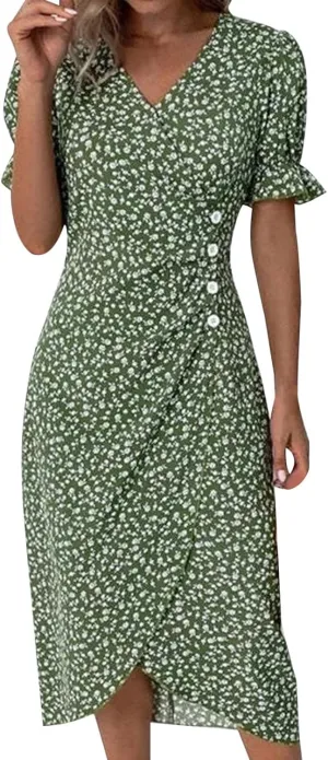 Beach Dresses for Women 2024 Vacation Trendy Elegant V Neck Floral Sundress High-Low Hem Flowy Midi Dress