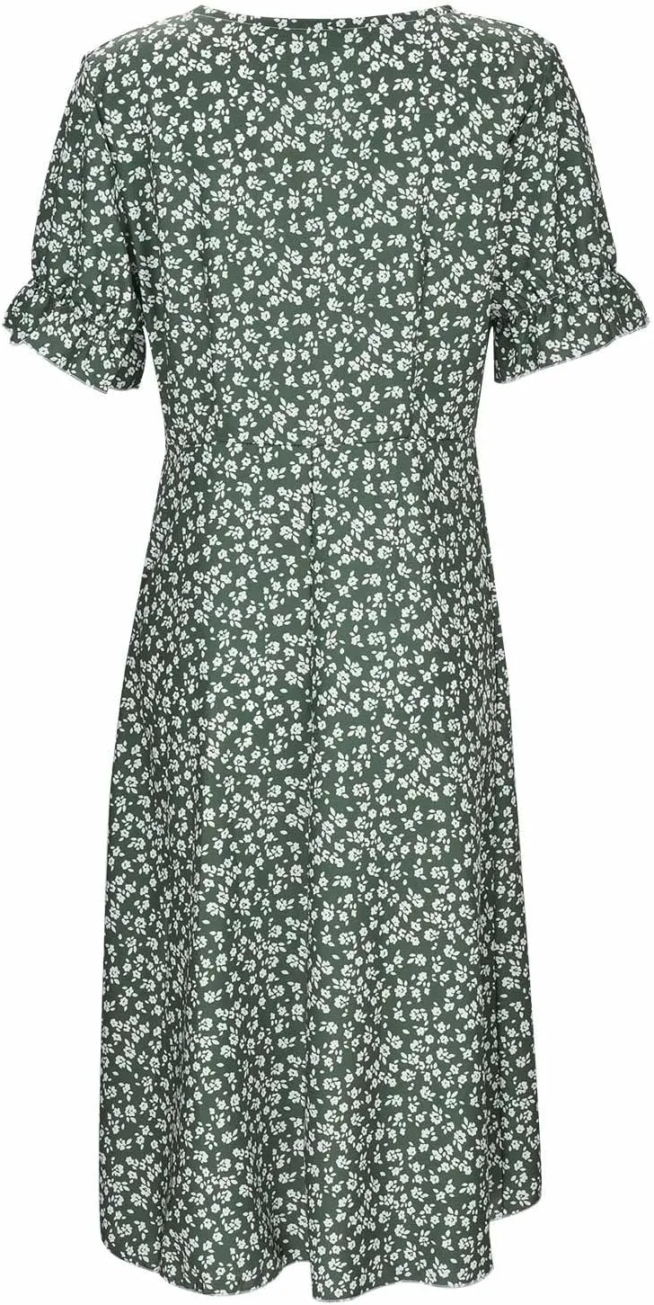 Beach Dresses for Women 2024 Vacation Trendy Elegant V Neck Floral Sundress High-Low Hem Flowy Midi Dress