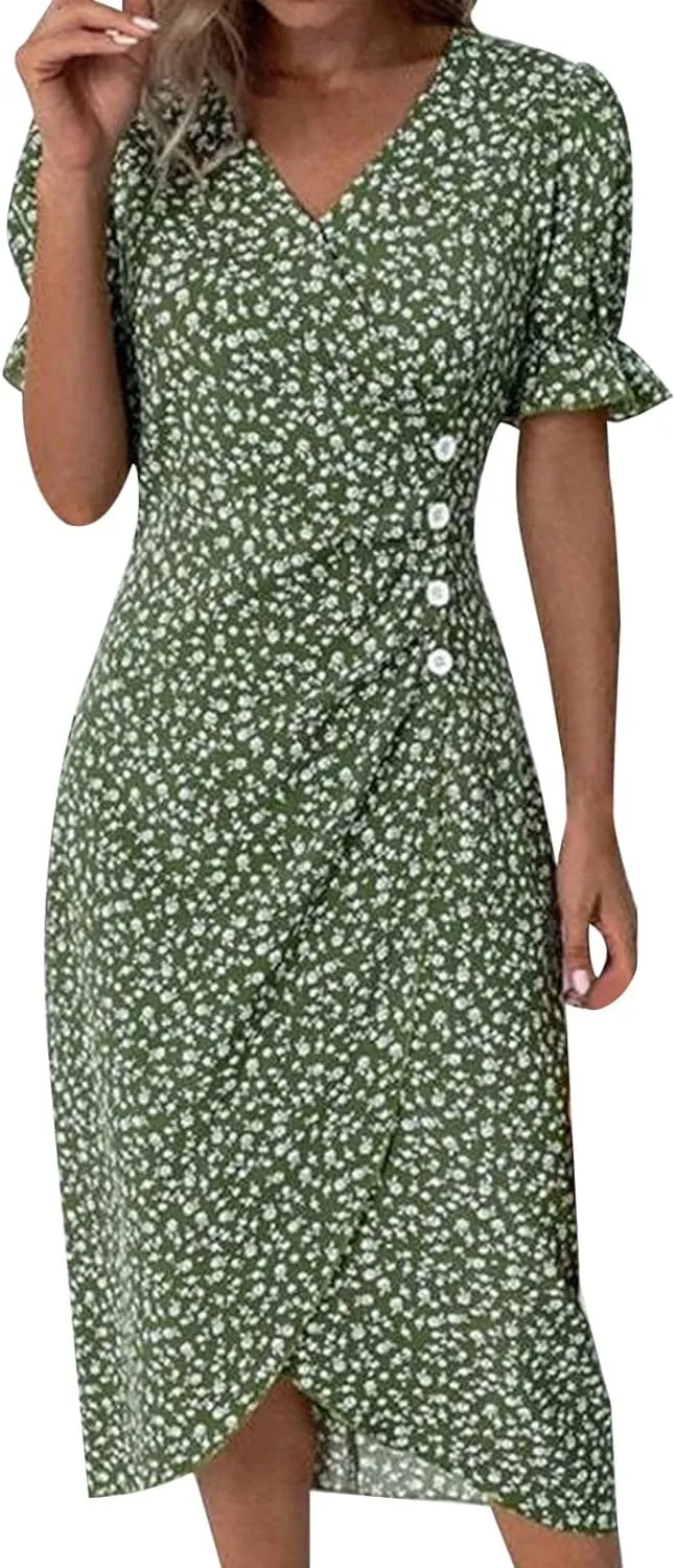 Beach Dresses for Women 2024 Vacation Trendy Elegant V Neck Floral Sundress High-Low Hem Flowy Midi Dress