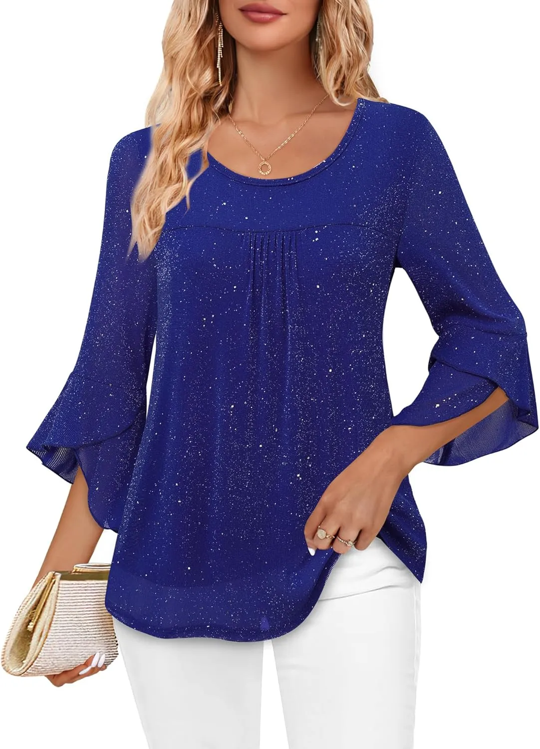 Bebonnie Women's Ruffle 3/4 Sleeve Elegant Dressy Blouses Crew Neck Double Layers Mesh Tunic Tops