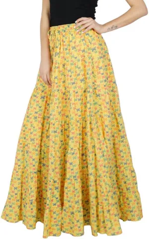 Bimba Womens Long Flaired Cotton Skirt Printed Boho Style Maxi Elastic Waist Bottoms