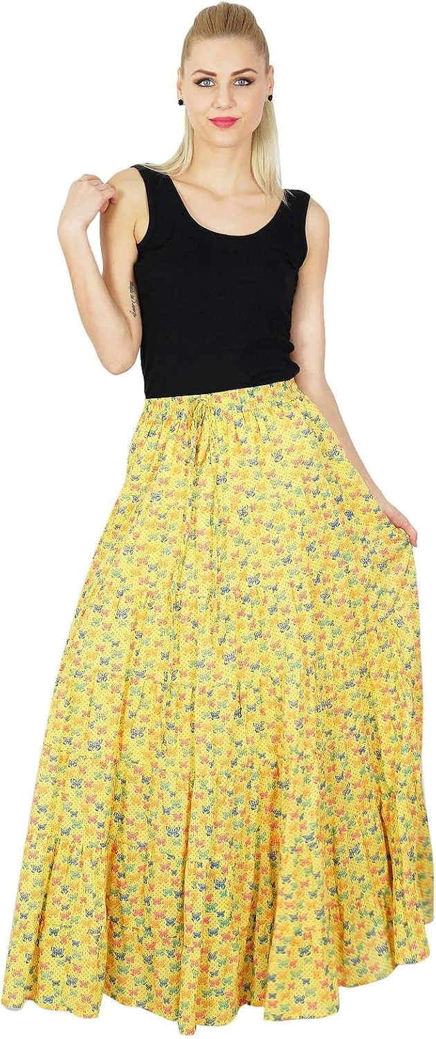 Bimba Womens Long Flaired Cotton Skirt Printed Boho Style Maxi Elastic Waist Bottoms