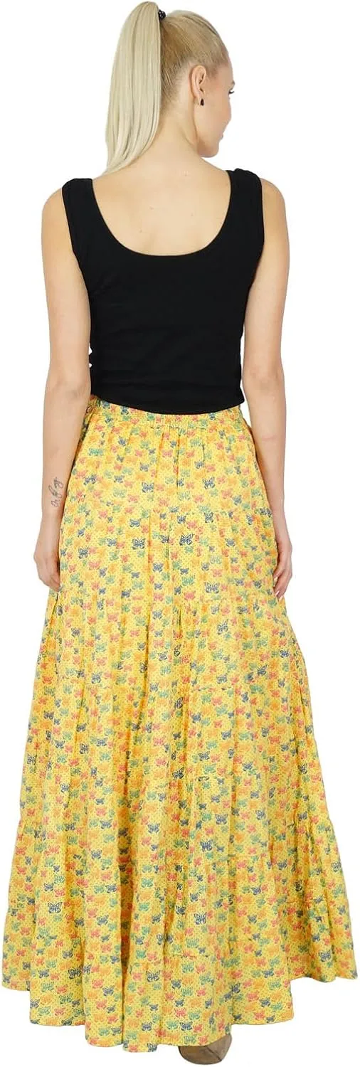 Bimba Womens Long Flaired Cotton Skirt Printed Boho Style Maxi Elastic Waist Bottoms