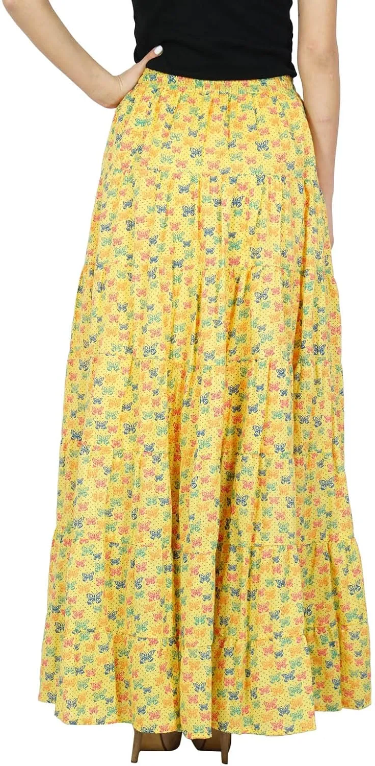 Bimba Womens Long Flaired Cotton Skirt Printed Boho Style Maxi Elastic Waist Bottoms