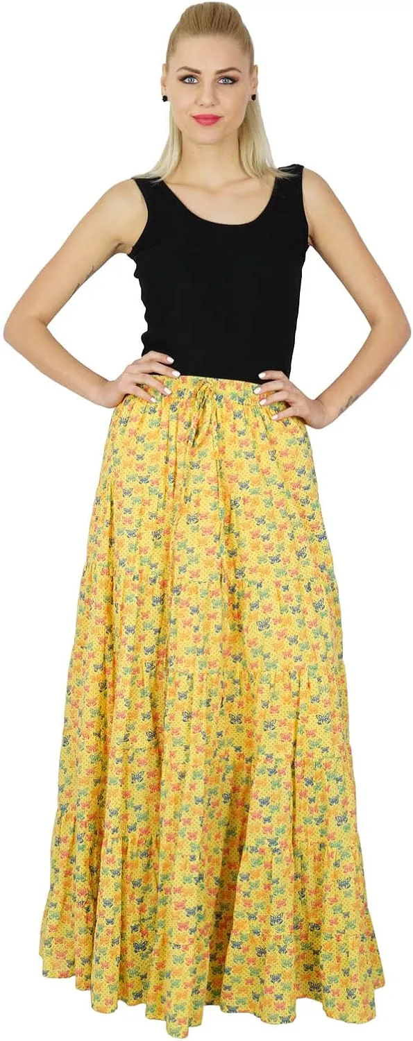Bimba Womens Long Flaired Cotton Skirt Printed Boho Style Maxi Elastic Waist Bottoms