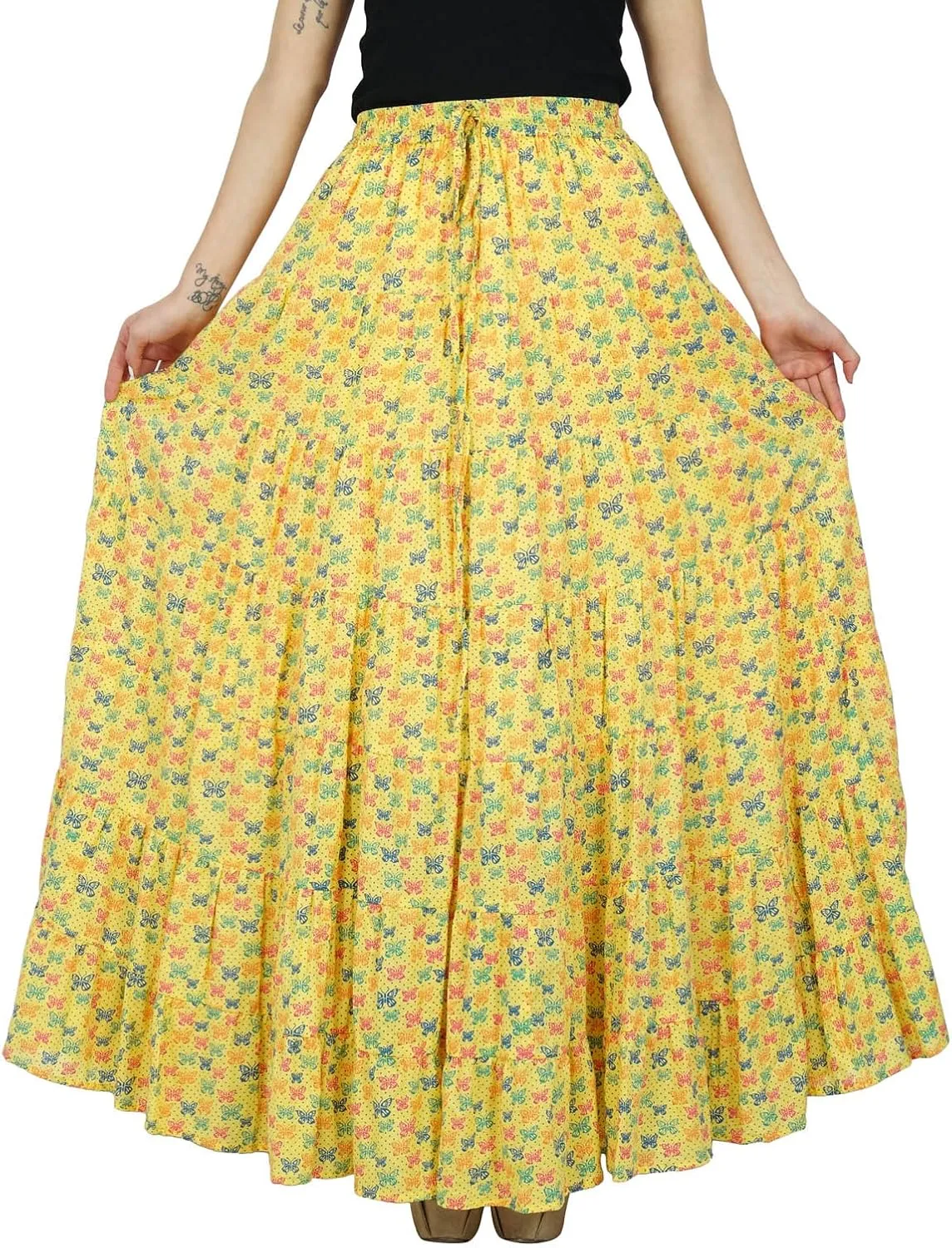 Bimba Womens Long Flaired Cotton Skirt Printed Boho Style Maxi Elastic Waist Bottoms