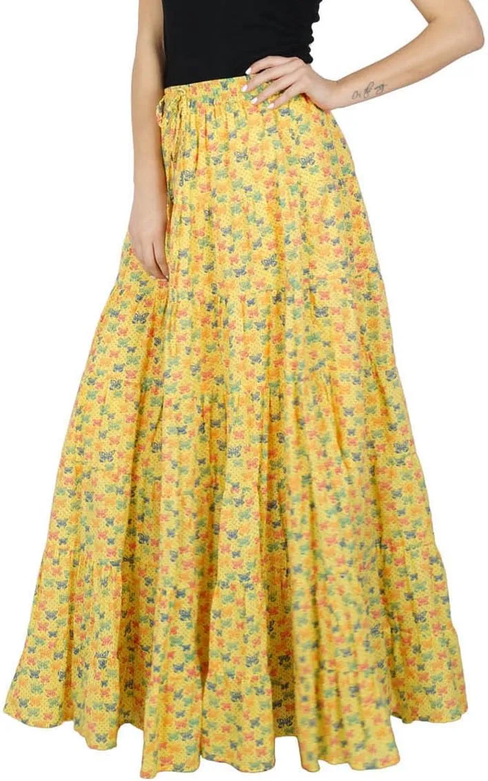Bimba Womens Long Flaired Cotton Skirt Printed Boho Style Maxi Elastic Waist Bottoms