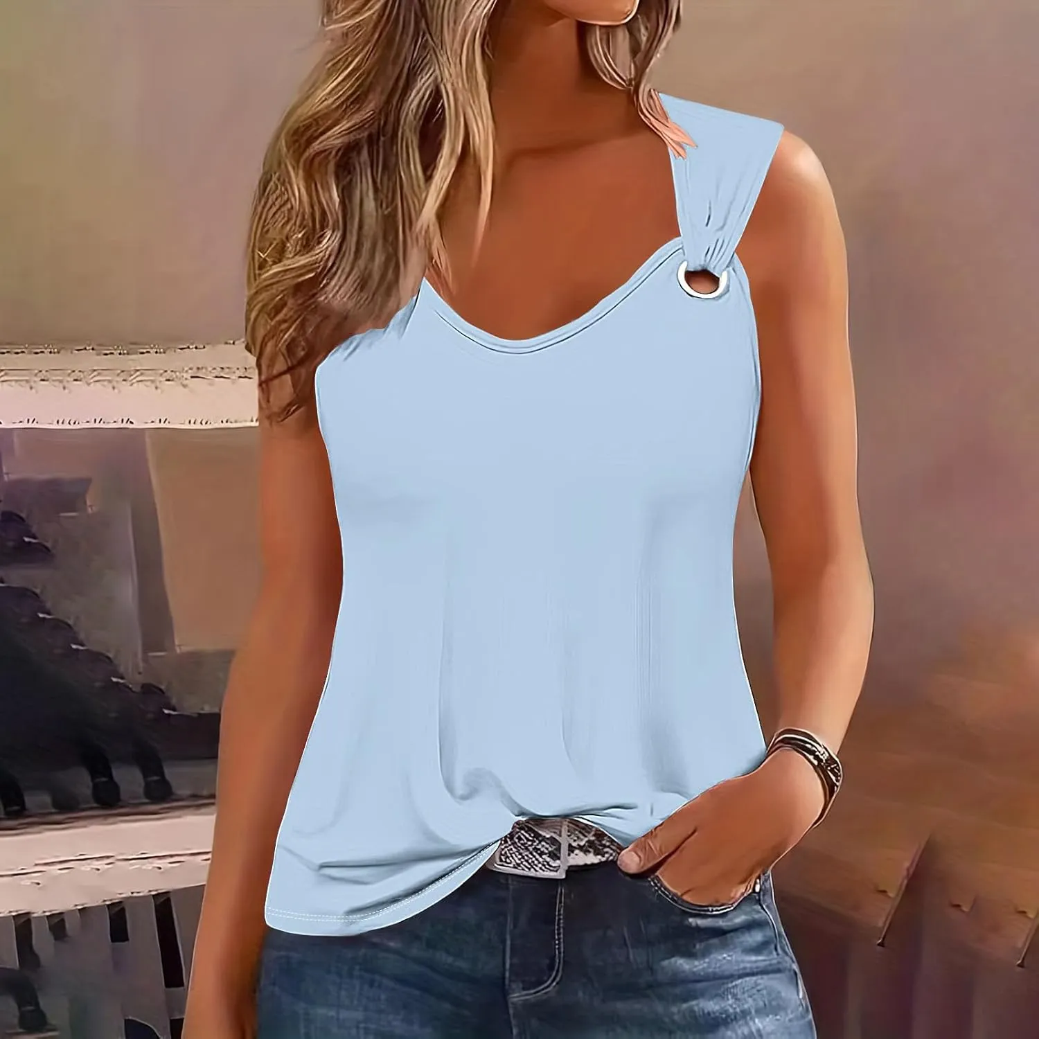 Binmer Summer Tank Tops for Women 2024 Sleeveless V Neck Tshirt Loose Fit Casual Hole Straps Blouses Workout Camisoles