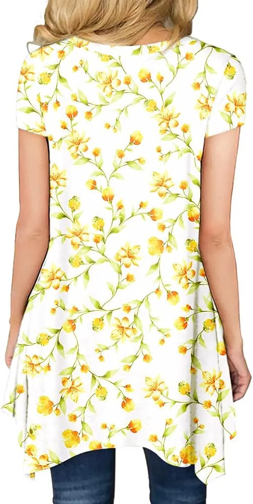 BISHUIGE Womens Summer Short Sleeve Irregular Hem Loose Tunic Tops Flowy Blouses Shirt