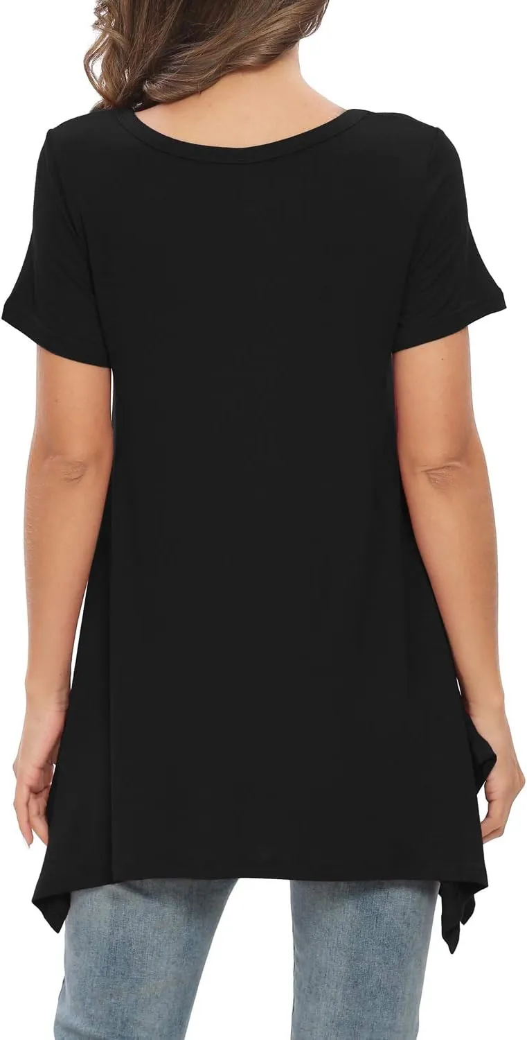 BISHUIGE Womens Summer Short Sleeve Irregular Hem Loose Tunic Tops Flowy Blouses Shirt