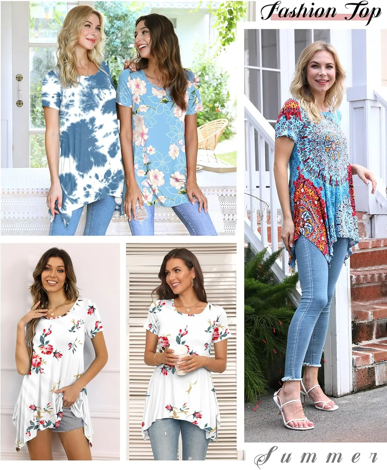 BISHUIGE Womens Summer Short Sleeve Irregular Hem Loose Tunic Tops Flowy Blouses Shirt
