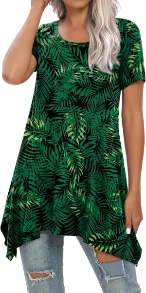 BISHUIGE Womens Summer Short Sleeve Irregular Hem Loose Tunic Tops Flowy Blouses Shirt
