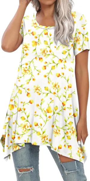 BISHUIGE Womens Summer Short Sleeve Irregular Hem Loose Tunic Tops Flowy Blouses Shirt